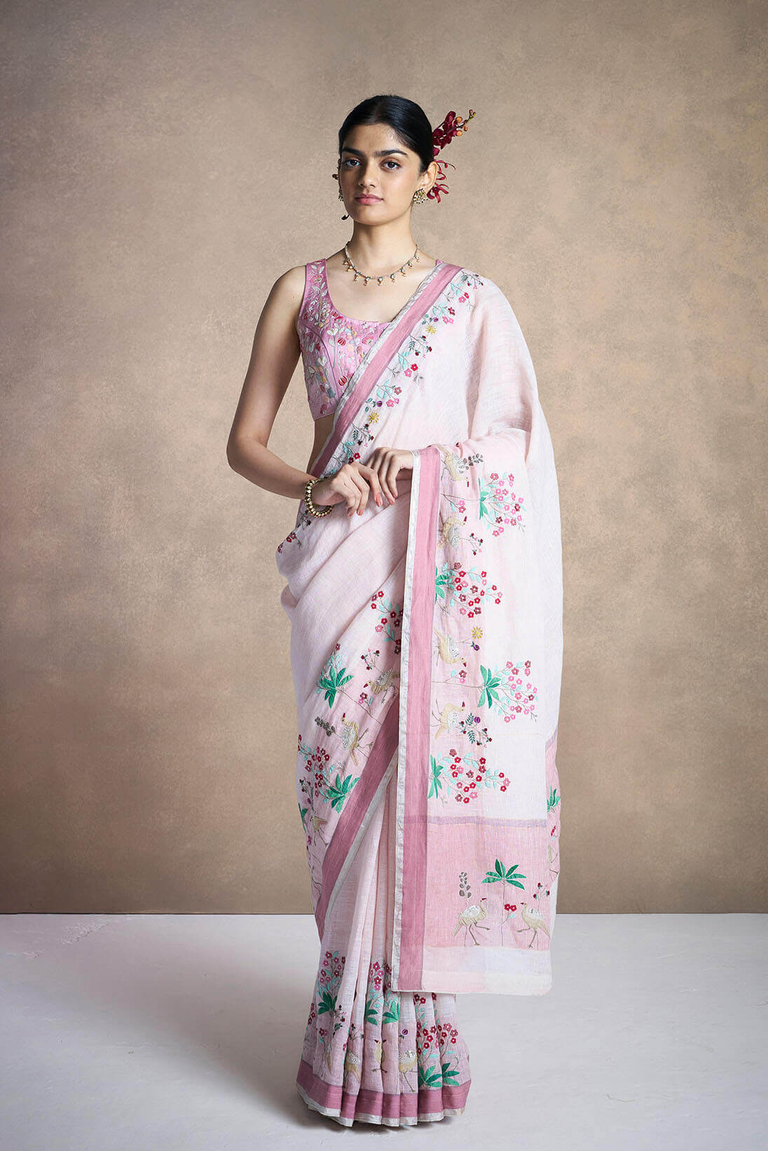 Blush Linen Applique Sari_A