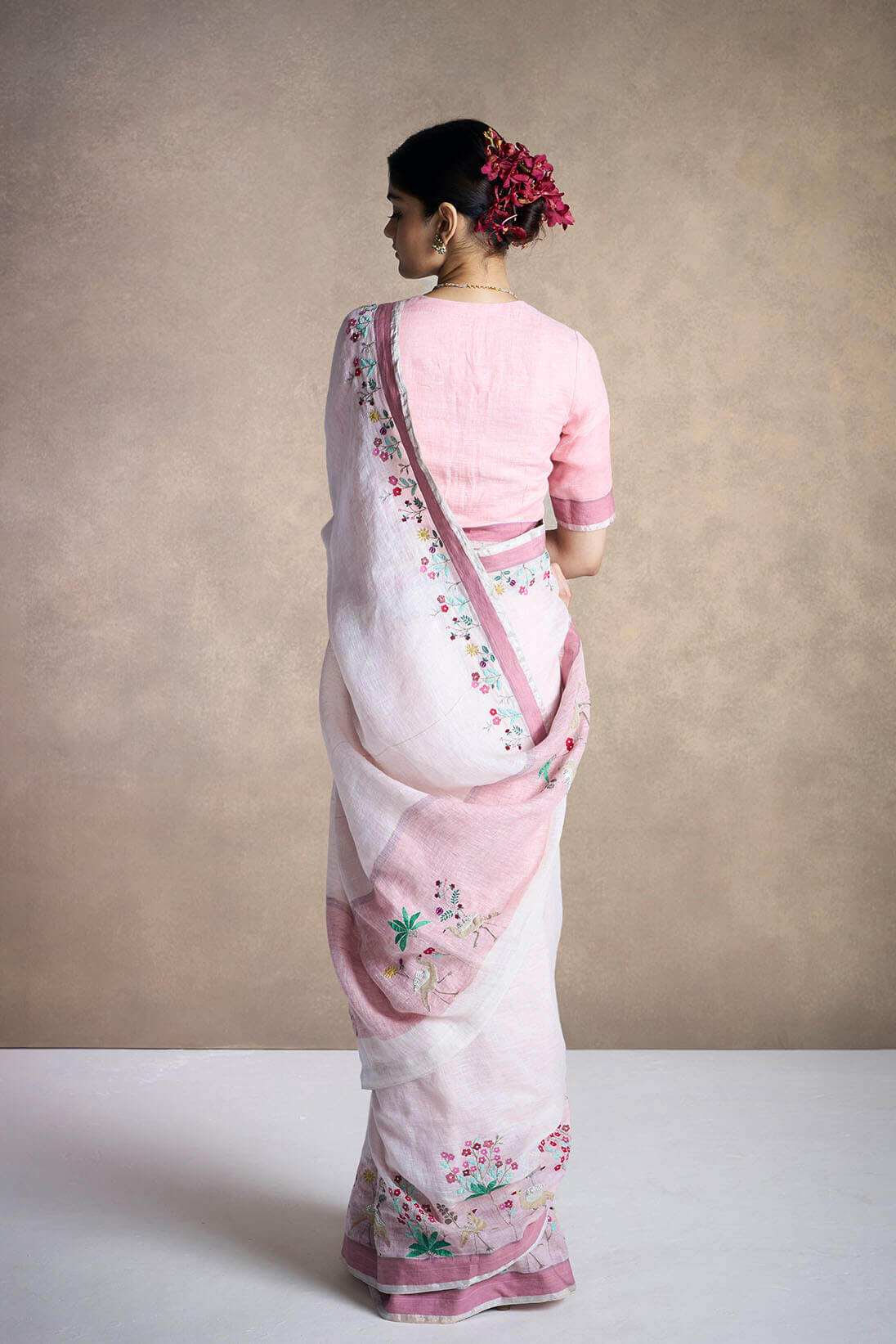Blush Linen Applique Sari_C
